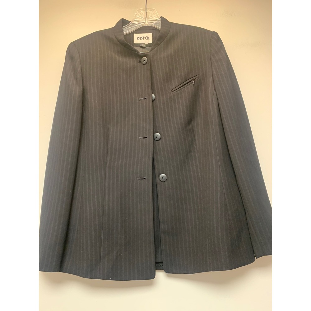 Kasper‎ Skirt Suit Women 10 Black Pinstripe Excellent Mandarin Collar Blazer Set